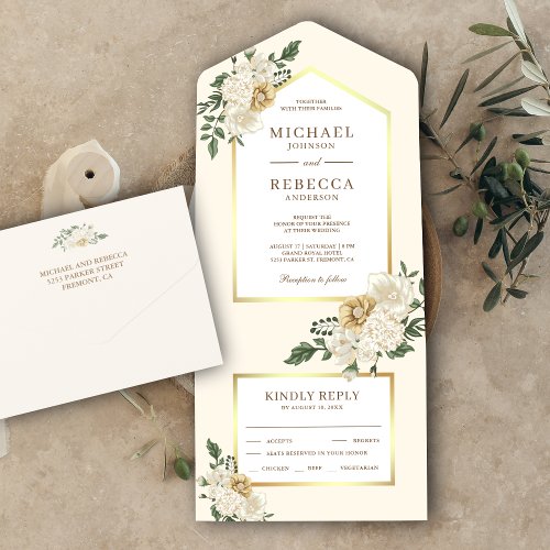 Elegant Cream and Gold Ivory Floral Wedding All In One Invitation