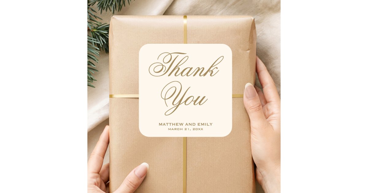 Elegant Cream and Gold Thank You Wedding Favor Square Sticker | Zazzle