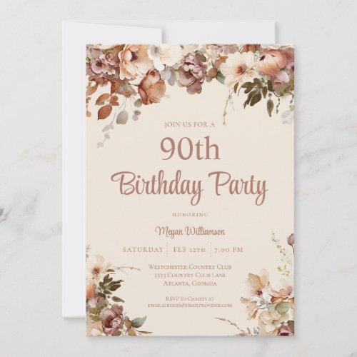 Elegant Cream and Pink 90th Floral Birthday Invitation