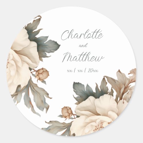 Elegant Cream and Taupe With Green Floral Wedding  Classic Round Sticker
