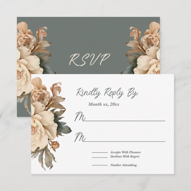 Elegant Cream and Taupe With Green Floral Wedding  RSVP Card (Front/Back)