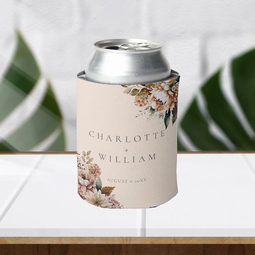 Elegant Cream Autumn Watercolor Flowers Wedding Can Cooler