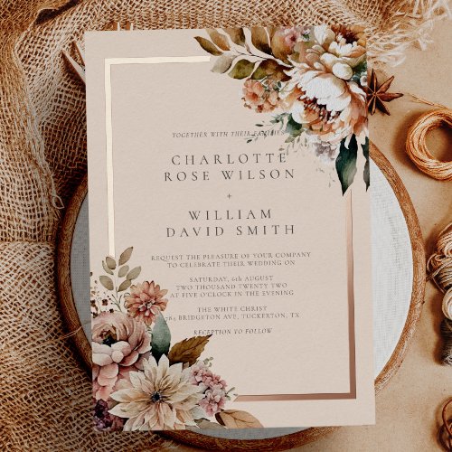 Elegant Cream Autumn Watercolor Flowers Wedding Foil Invitation