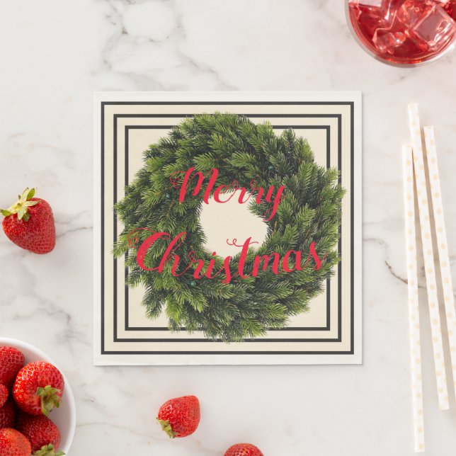 Elegant Cream, Black & Red Wreath Christmas    Napkins (Insitu)