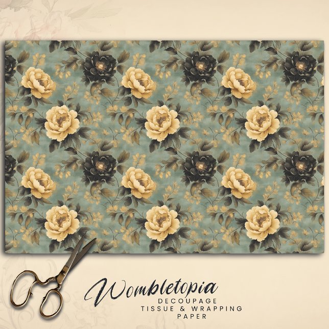 Elegant Cream & Black Rose on Sage Green Decoupage Tissue Paper (Creator Uploaded)