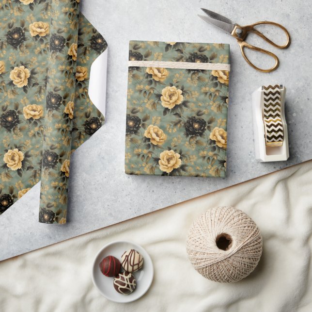 Elegant Cream & Black Roses on Sage Green & Gold Wrapping Paper (Crafts)