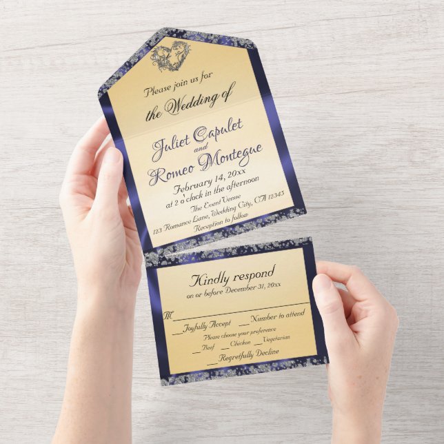 Elegant Cream, Blue Ribbon & Sparkle  All In One Invitation (Tearaway)
