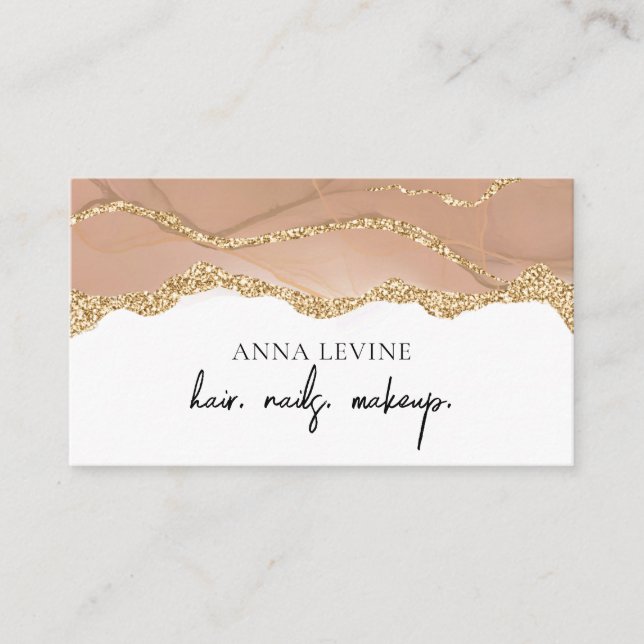 Elegant Cream Blush Agate and Gold Business Card (Front)