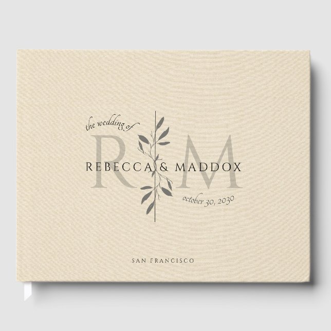 Elegant Cream Botanical Monogram Wedding Guest Book (Front)