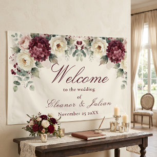 Elegant Cream Burgundy Eucalyptus Wedding Welcome Banner