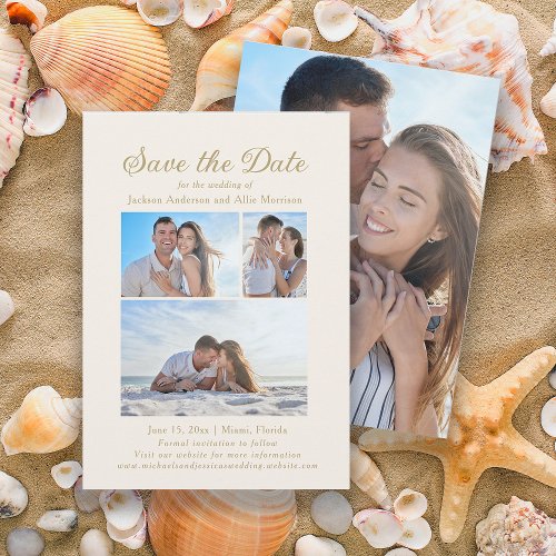 Elegant Cream Colored 4 Photo 2 Sided Wedding  Save The Date