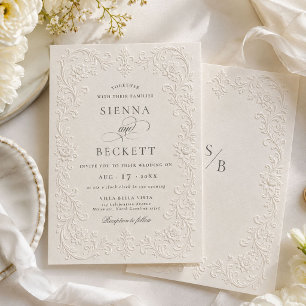 Elegant Cream Embossed Style Floral Ornate Wedding Invitation