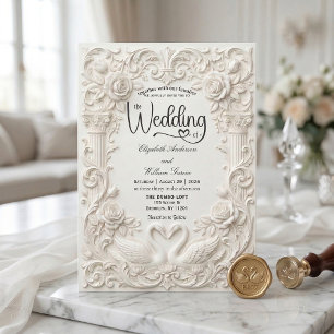 Elegant Cream Faux Sculpted Swans Wedding   Invitation