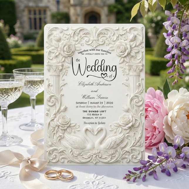 Elegant Cream Faux Sculpted Swans Wedding   Invitation (Creator Uploaded)