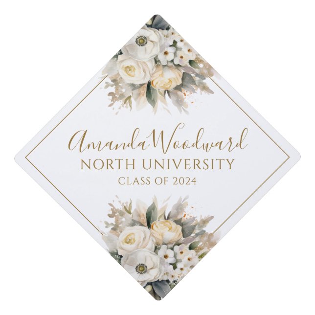 Elegant Cream Floral Bouquet  Graduation Cap Topper (Front)