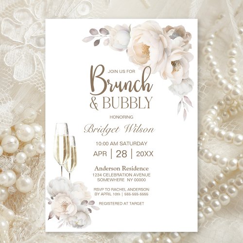 Elegant Cream Floral Brunch and Bubbly Invitation