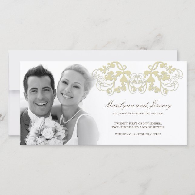 Elegant Cream Floral Flourish Wedding Announcement (Front)