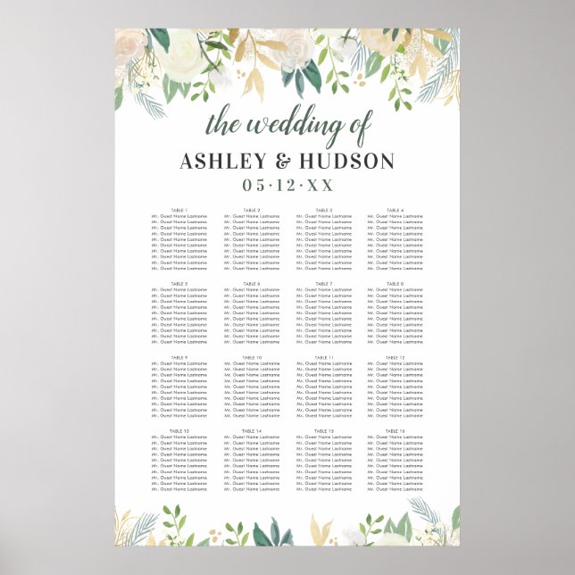 Elegant Cream Floral Greenery Wedding Seating Poster (Front)