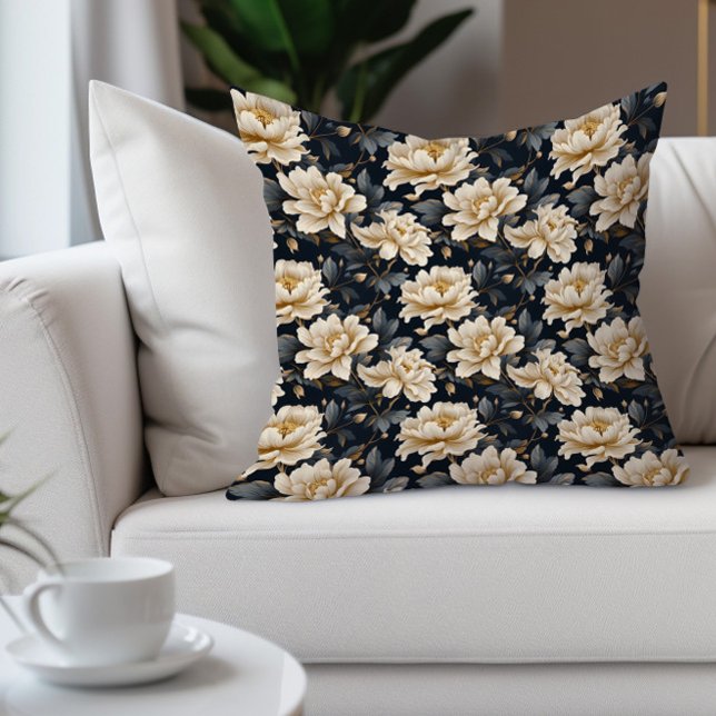 Elegant Cream Floral Teal Black  Throw Pillow (Cream-colored floral on black decorator pillow)