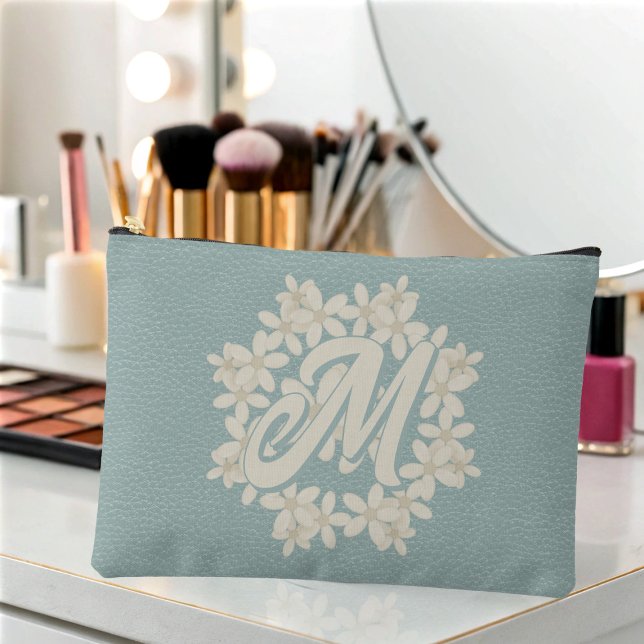 Elegant Cream Floral Wreath Teal Accessory Pouch (A pretty teal faux leather look makeup bag with space for your initial)