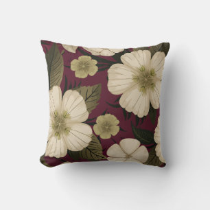 Elegant Cream Flowers on Burgundy background Throw Pillow