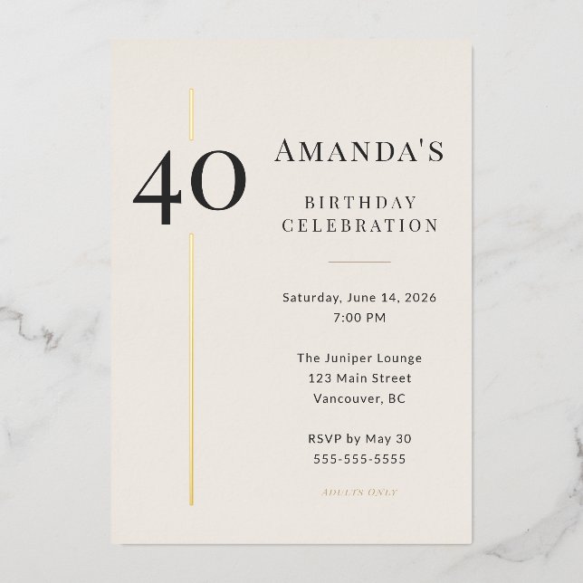 Elegant Cream & Gold 40th Birthday Celebration Foil Invitation (Front)