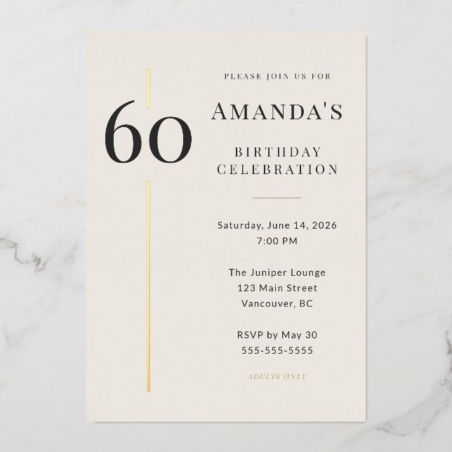 Elegant Cream & Gold 60th Birthday Celebration Foil Invitation (Front)