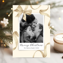 Elegant Cream Gold Bow Photo Christmas