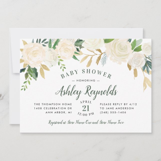 Elegant Cream Gold Floral Greenery Baby Shower Invitation (Front)