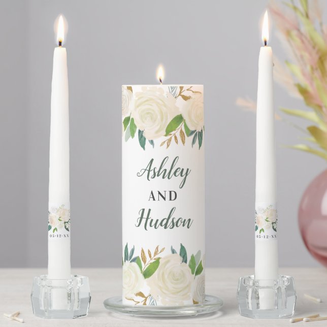 Elegant Cream Gold Floral Greenery Monogram Unity Candle Set (In Situ)