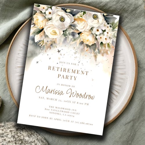 Elegant Cream Gold floral retirementpng Invitation