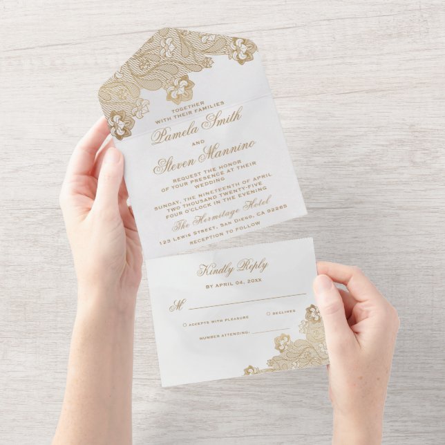 Elegant Cream Gold Lace Border Wedding with RSVP All In One Invitation (Tearaway)
