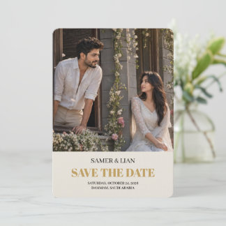 Elegant Cream Gold Photo Wedding Save The Date Car Thank You Card