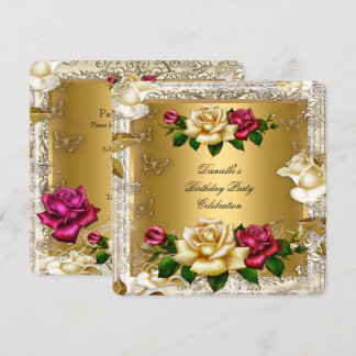 Elegant Cream Gold Pink Red Roses Birthday Party Invitation