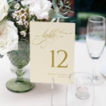 Elegant Cream Gold Script Wedding Table Numbers<br><div class="desc">Enhance your wedding's grandeur with our Elegant Cream and Gold Wedding Table Numbers. Measuring 5 x 7 inches, these double-sided cards are adorned with opulent gold calligraphy script that adds a touch of timeless sophistication to your table arrangements. Crafted with meticulous attention to detail, these table numbers elevate your event's...</div>