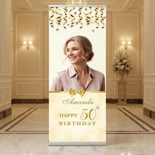 Elegant Cream & Gold Surprise Birthday Party Photo Retractable Banner (Creator Uploaded)