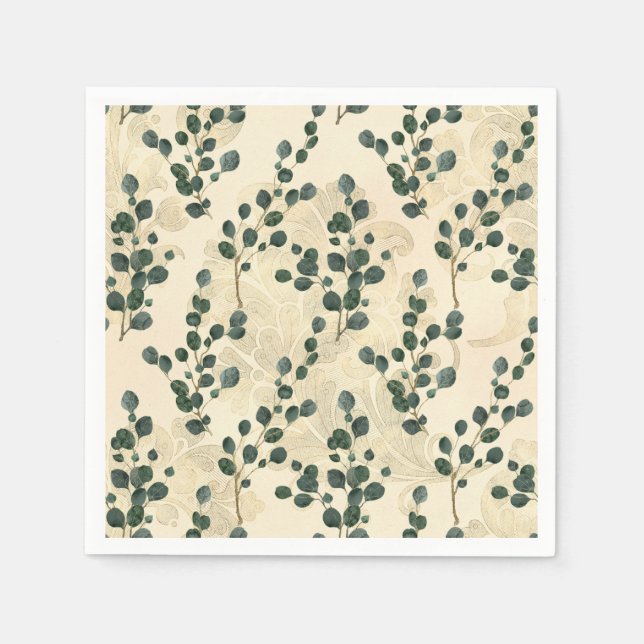 Elegant Cream Gold Whimsical Eucalyptus Greenery Napkins (Front)