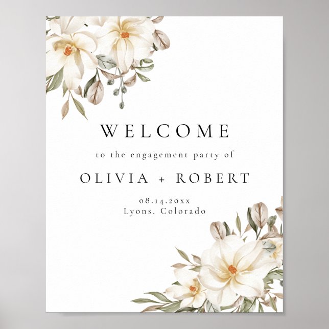 Elegant Cream Ivory Floral Engagement Welcome Sign (Front)