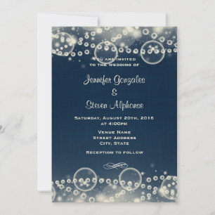 Elegant Cream Lace and Pearls on Blue Wedding Invitation