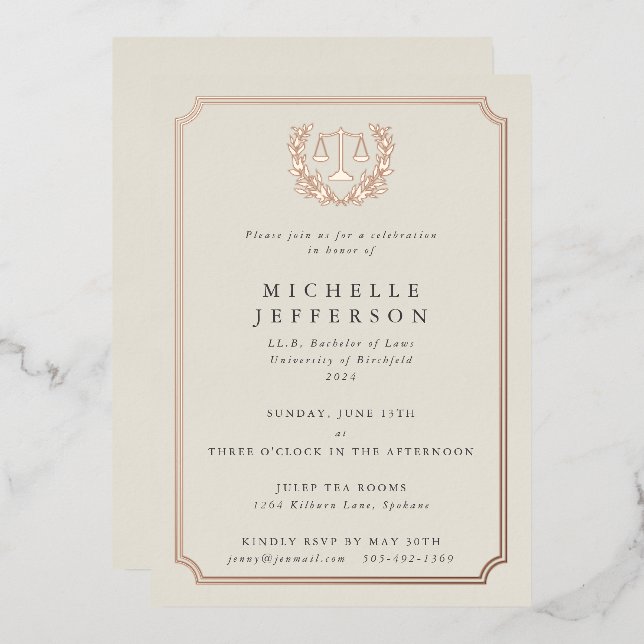 Elegant Cream Law School Graduation Party Foil Invitation (Front/Back)