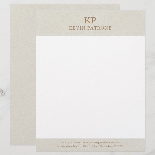 Elegant Cream Linen Gold Minimalistic Text Letterhead (Front/Back)