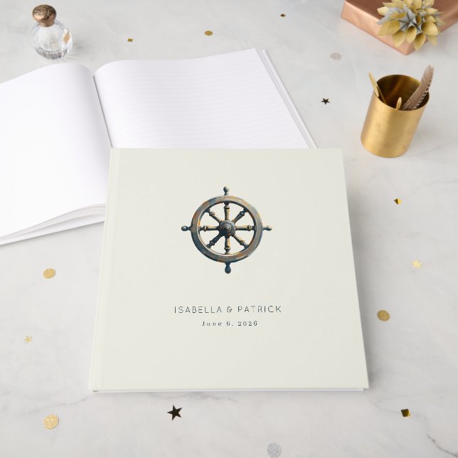 Elegant Cream Nautical Wheel Guest Book (Front Open)
