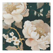 Elegant Cream Peony Faux Canvas Print – Dark Green