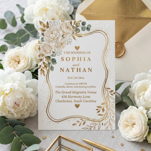 Elegant Cream Peony Gold Eucalyptus Boho Wedding I Invitation