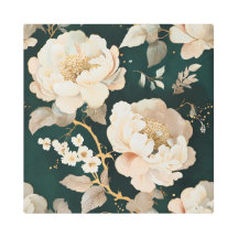 Elegant Cream Peony Metal Wall Art – Dark Green