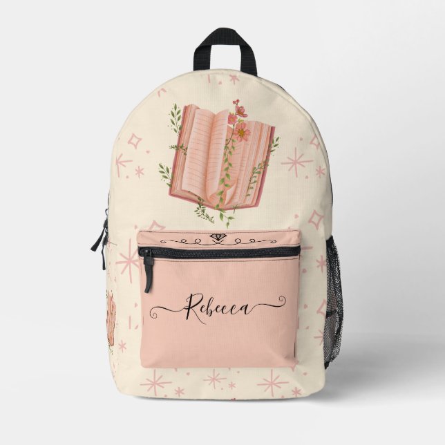 Elegant Cream pink floral starry diary Printed Backpack (Front)