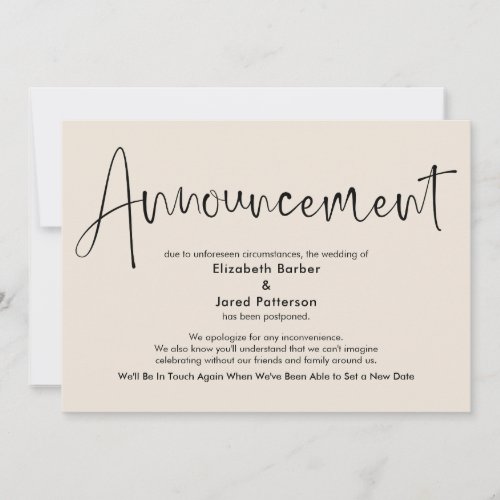Elegant Cream Postponed Wedding Announcement Card