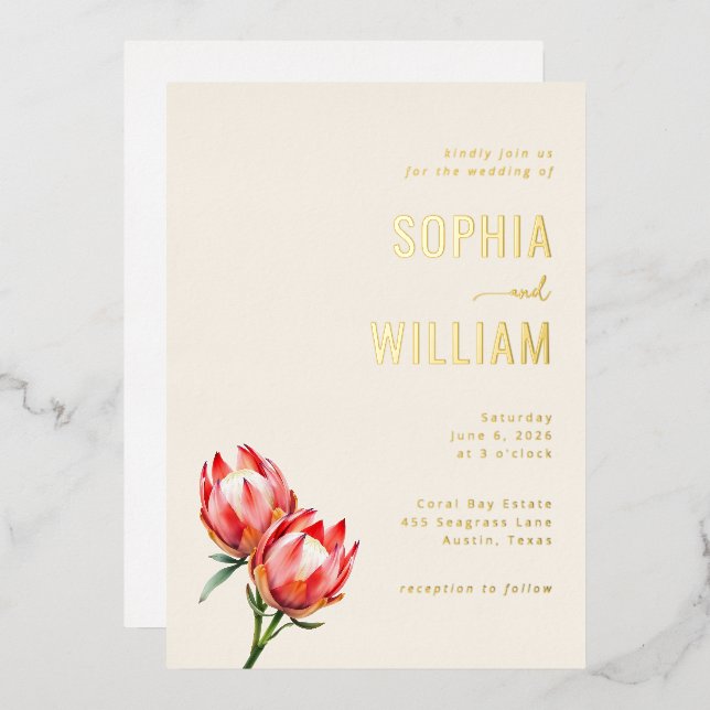 Elegant Cream Protea Floral Foil Invitation (Front/Back)