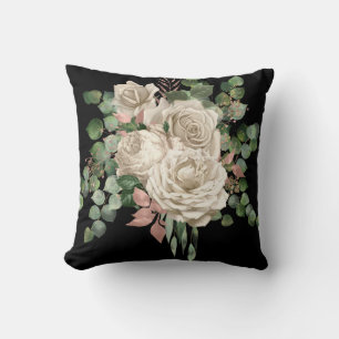 ELEGANT CREAM ROSE EUCALYPTUS CUSHION BLACK