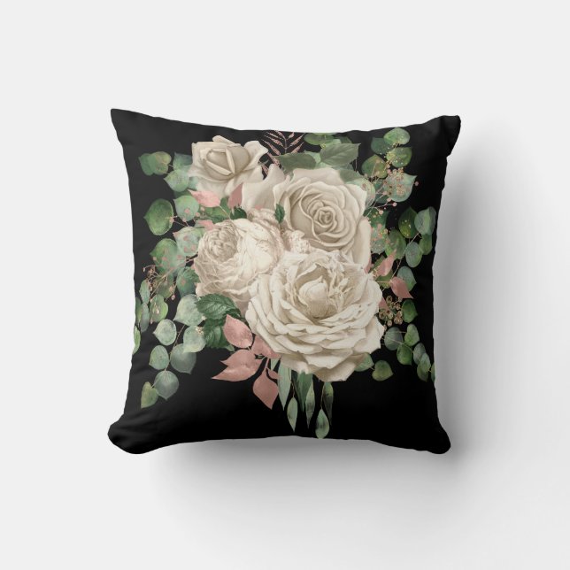 ELEGANT CREAM ROSE EUCALYPTUS CUSHION BLACK (Front)